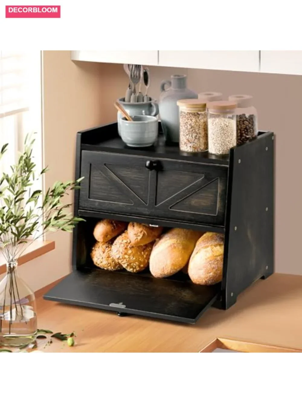 2-Tier Bamboo Bread Box for Kitchen Countertop Storage with Doors